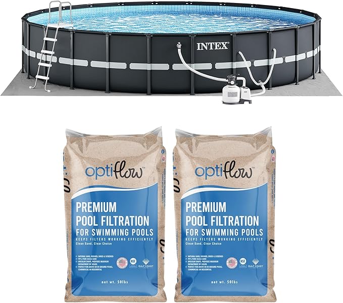Intex Above Ground Swimming Pool Set, Ultra XTR 24' x 52" Round Frame Bundled with 2 Pack OptiFlow Premium Filter Sand, 50 lb Bags
