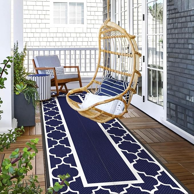 GENIMO 2.5' x 8' Outdoor Rug Waterproof for Patio Decor, Foldable Reversible Plastic Straw Area Rugs Mat for Runner Porch, Outside Carpet for Rv, Deck, Picnic, Beach, Balcony, Camper, Blue & White