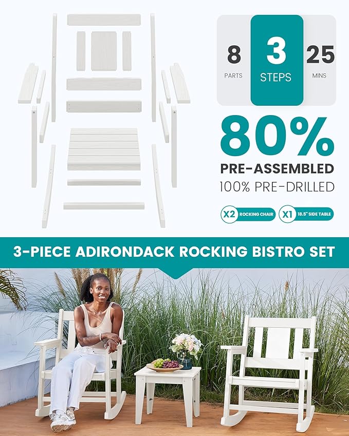 SERWALL Outdoor Rocking Chairs Set of 2 with Side Table, All-Weather HDPE 3 Piece Patio Furniture Set, Patio Bistro Set for for Porch Deck Lawn Balcony, White