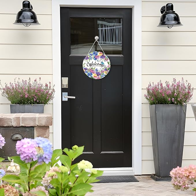 1 Pc Summer Floral Welcome Door Sign, Pansy Flower Butterfly Door Hanging Sign, Spring Summer Holiday Farmhouse Home Porch Window Decor, 11 x 11 inches