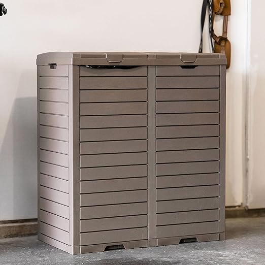 Sunnydaze 78-Gallon Double Patio Trash Can with Lid - Outdoor Garbage Can with Drip Trays - Weather-Resistant Resin - Light Gray