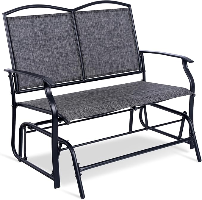 Backyard Expressions 2-Person Outdoor Glider Bench, Patio Double Swing Rocking Chair Loveseat w/Powder Coated Steel Frame for Backyard Garden Porch, Black Frame - Heathered Grey Sling Fabric