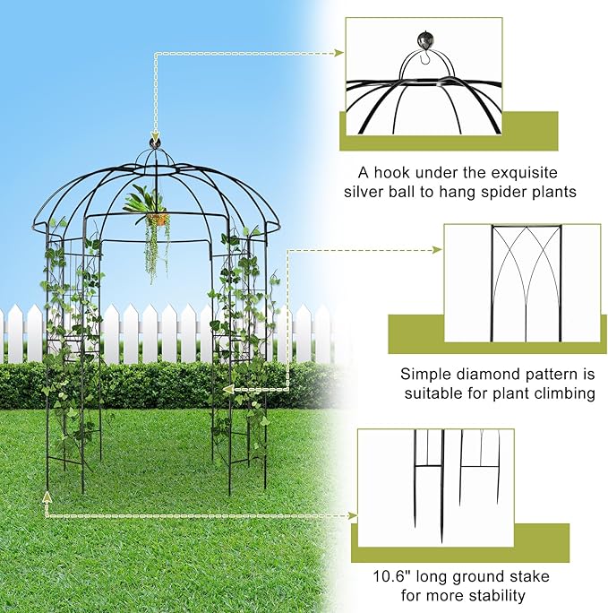 Garden Arbor, 9FT Metal Garden Arch for Climbing Plants Outdoor, Black Gazebo Archway for Lawn, Patio and Backyard, Wedding Arches for Ceremony, Includes Ground Stakes