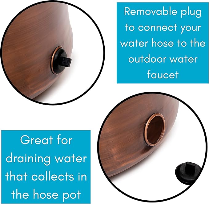 BIRDROCK HOME Water Hose Holder - Decorative Metal Pot, Indoor or Outdoor, Garden Storage Organizer, Patio Portable Bucket - Antique Copper, Holds up to 200ft Hoses, Large with Lid