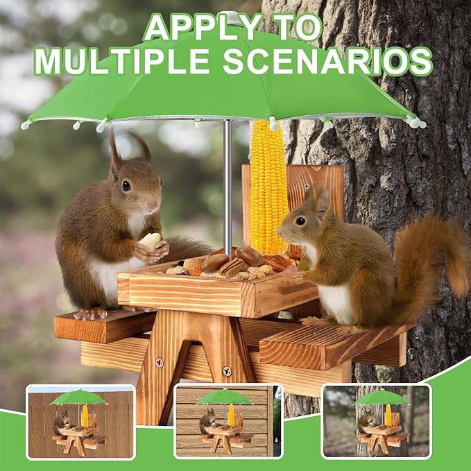Gnodary Squirrel Feeder with Umbrella, Squirrel Feeders for Outside, Squirrel Picnic Table Feeder - Chipmunk Feeder Hold Corn, Corn Cob, Peanuts (Green)