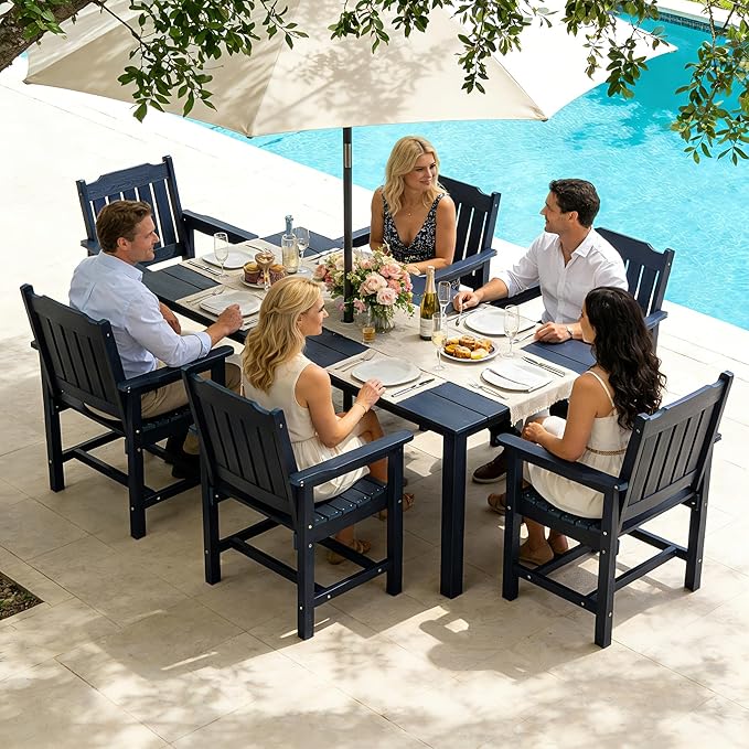 Poly Lumber Patio Dining Set, HIPS Outdoor 70.9-Inches Table and Slat Back Chairs, with Umbrella Hole, Weather Resistant (Navy Blue, 7 Piece)