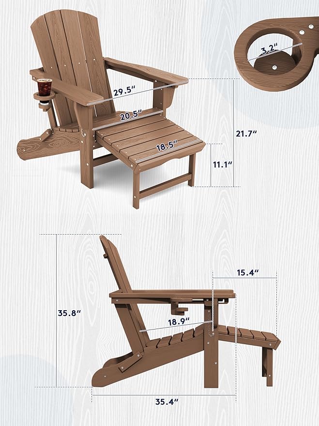 KINGYES Folding Adjustable Adirondack Chair with Retractable Ottoman Set of 6, HDPE All Weather Chair with Cup Holder - Recliner Adirondack Chair, Brown