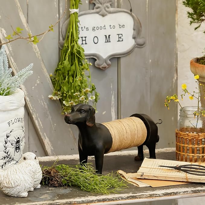 SOFFEE DESIGN Black Dachshund Twine Holder Ceramic Tray, Cute Kitchen Counter Organizer for Scissors Keys, Dog Lover Gift