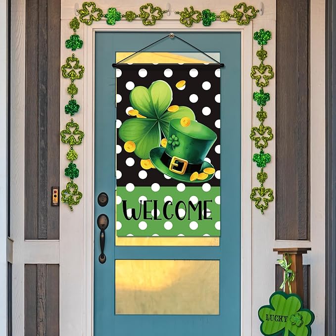 Tegeme 3 Pcs Happy St. Patrick's Day Banner Door Decoration St. Patricks Day Hanger Door Sign Green Shamrock Hanging Flag Ornaments for Irish Party Holiday Outdoor Indoor Home