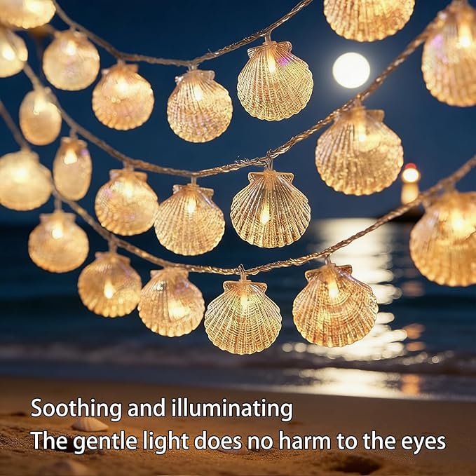 Natural Beach Shell String Light 20 FT 40 LED Lights with Battery Operated Warm White LED Ocean Theme for Holiday Party, Wedding, Garden Decoration (Shell, 20FT)