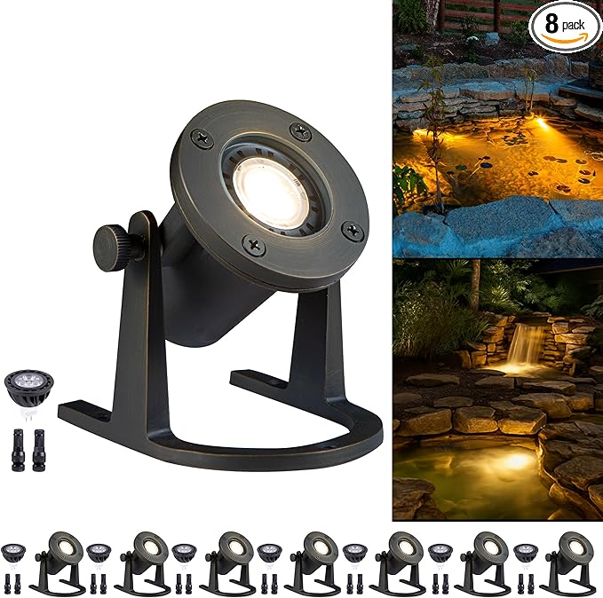 Gardenreet Bronze Pond Light - 12V Low Voltage Solid Brass Submersible Pondlight, IP68 Waterproof Fixture with 5000K MR16 LED Bulb for Outdoor Garden, Landscape, Waterfall, Fountain Lighting(8 Pack)
