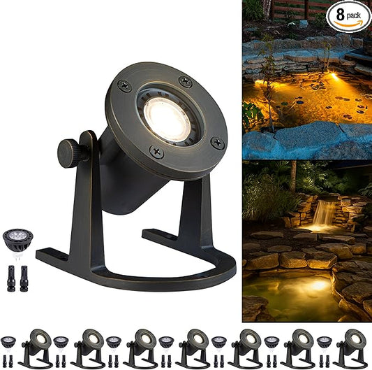 Gardenreet Bronze Pond Light - 12V Low Voltage Solid Brass Submersible Pondlight, IP68 Waterproof Fixture with 5000K MR16 LED Bulb for Outdoor Garden, Landscape, Waterfall, Fountain Lighting(8 Pack)