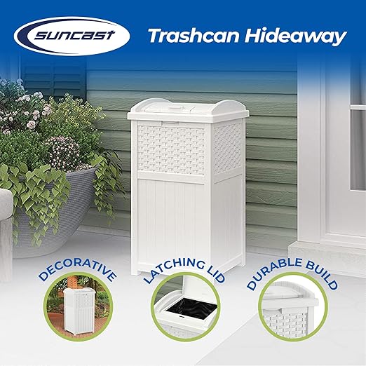 Suncast Hideaway Outdoor Trash Can with Lid - 30 Gallon Trash Can, White, Decorative Wicker-Style Garbage Bin, Weather-Resistant Resin, Fits 30-33 Gallon Bags, Ideal for Patio & Yard, Made in USA