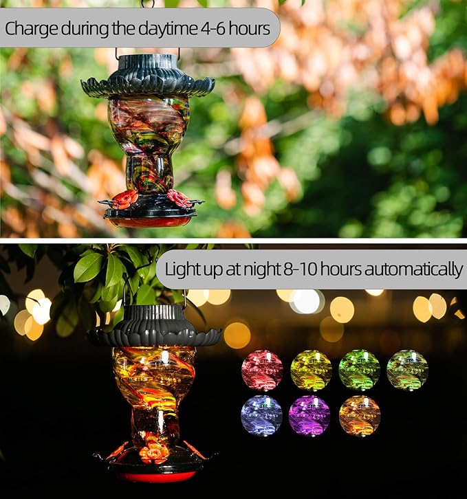 Solar Hummingbird Feeder for Outdoors Hanging Ant and Bee Proof, 25oz Color Changing Light Hand Blown Glass, Leakproof Garden Decor, Gitfs for Bird Lover (Purple)