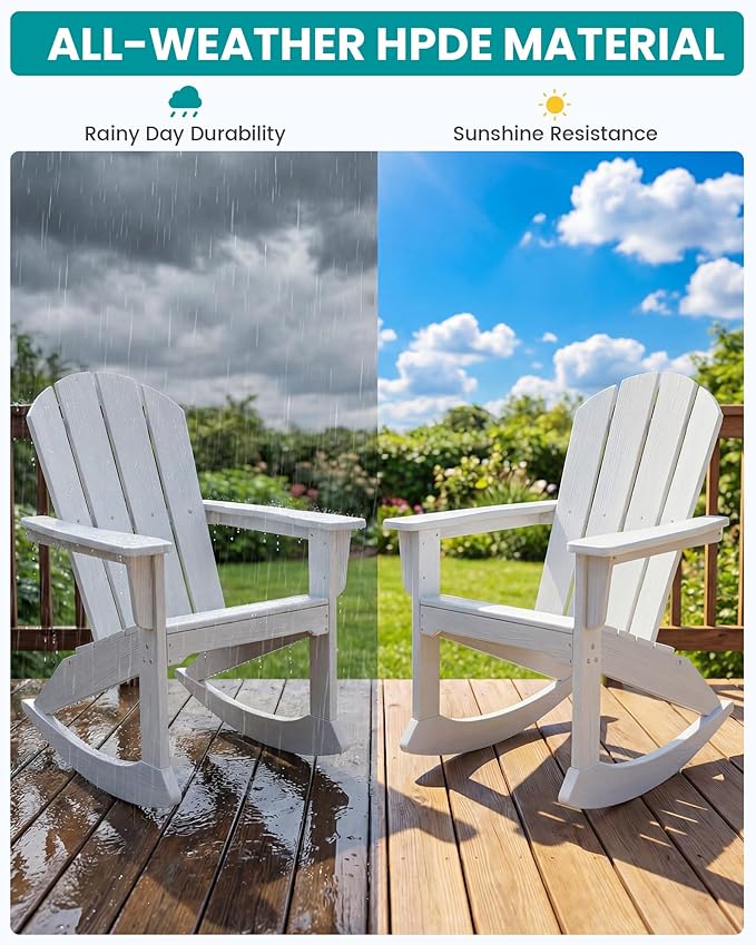 SERWALL Outdoor Adirondack Rocking Chairs Set of 2, All-Weather HDPE Adirondack Rocker Chair, Front Porch Rocker Chairs for Patio Lawn Porch Deck, White