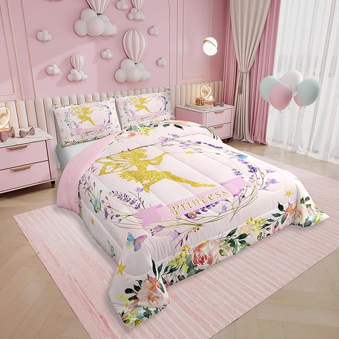 Erosebridal Fairy Garden Queen Bedding Set,Dreamy Butterfly Floral Comforter Set for Girls Kids,Pink Coquette Flower Comforter,Cute Girly Princess Bedroom Room Decor,2 Pillowcases Lightweight