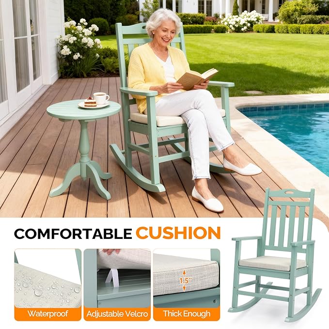 VINGLI Outdoor Rocking Chair, Heavy Duty 450 lbs Poplar Wooden Rocking Chair with High Backrest Design, Come with a Cushion, All-Weather Lounge Rocker Support for Garden, Deck (Mine Green)
