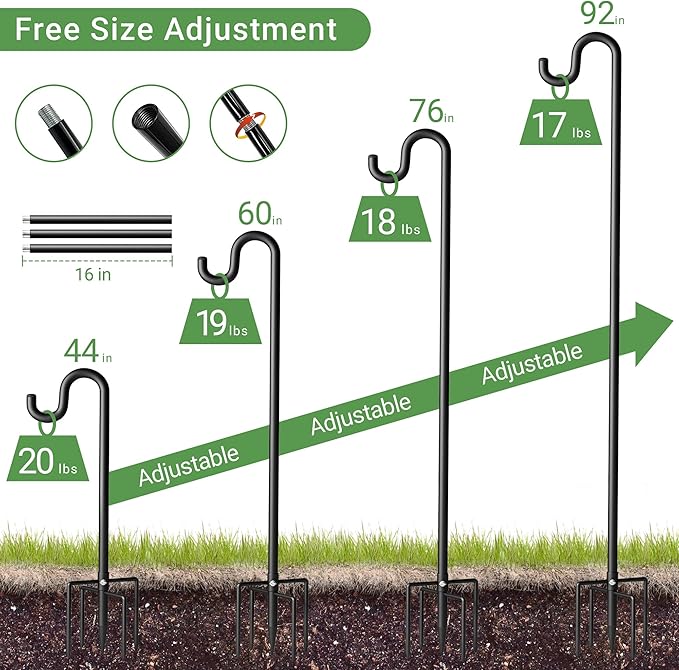 Shepherd Hook for Outdoor, Heavy Duty Bird Feeder Pole with 5 Prong Base, Adjustable Height Bird Feeder Stand Ideal for Hanging Bird Feeders, Plant, and Garden Decorations