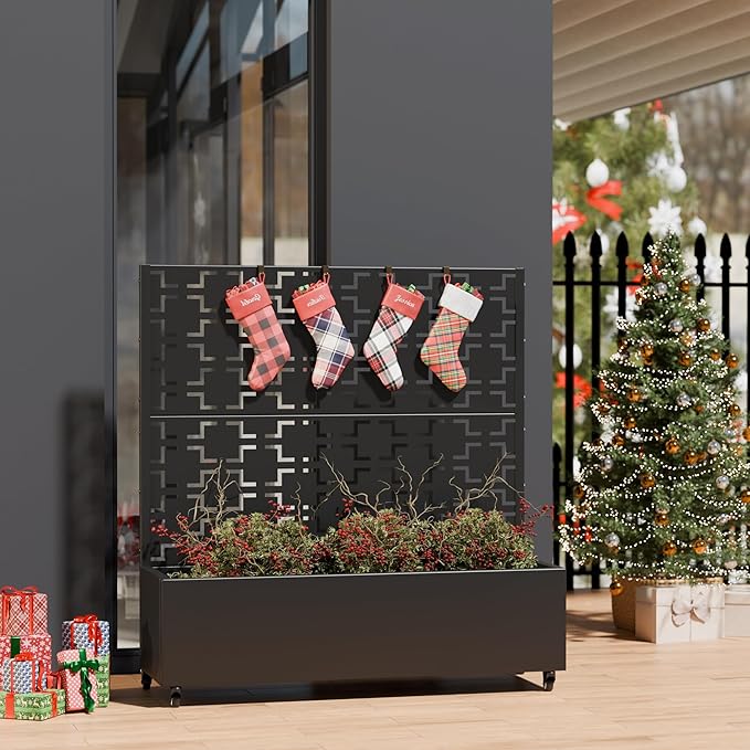 Casaphoria Metal Raised Garden Bed with Trellis and Wheels, 47"x47"x16" Planter Box for Climbing Plants, Vegetables & Vines, Features Drainage Holes and Privacy Screen (Black-Square)
