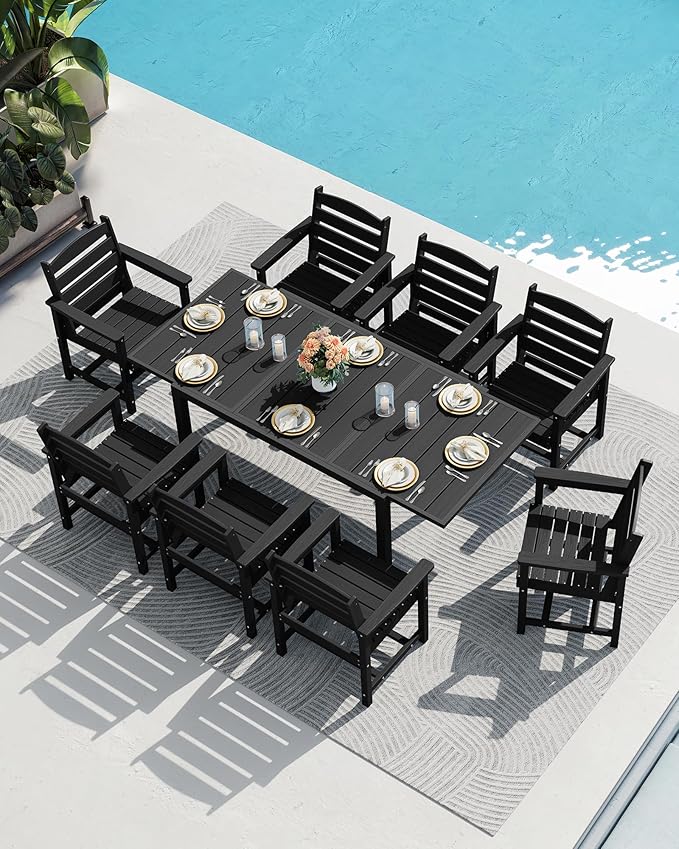 SERWALL 9-Piece Outdoor Dining Set, 60" - 83" Expandable Outdoor Dining Table and 8 HDPE Chairs, All Weather HDPE Outdoor Furniture Set for Backyard, Garden, Black