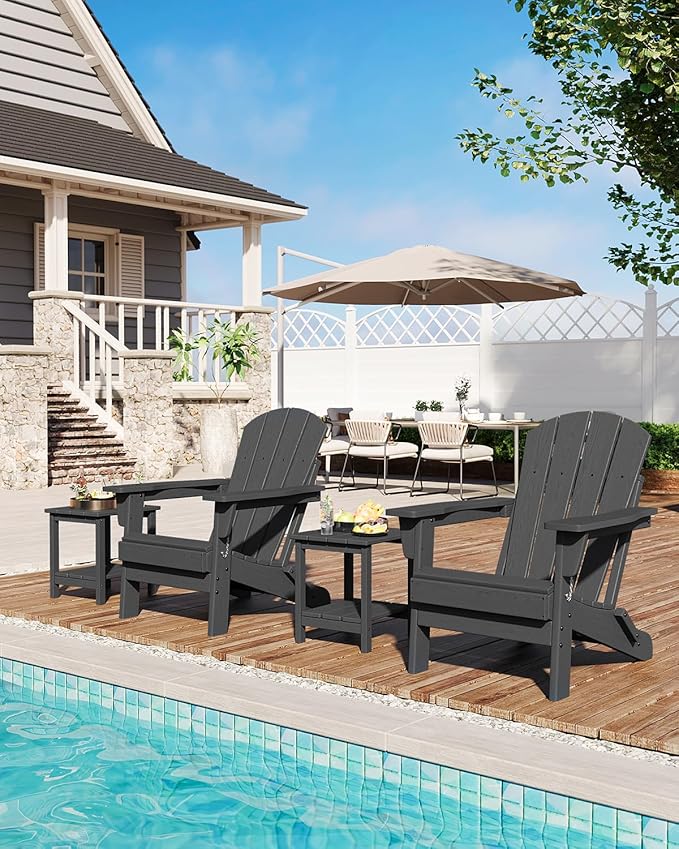 GarveeLife Folding Adirondack Chairs Set of 2 with Side Table, HDPE Plastic Outdoor Chairs with Wood Texture - 380 LBS & Weather Resistant for Fire Pit, Deck, Patio, Pool, Backyard - Black