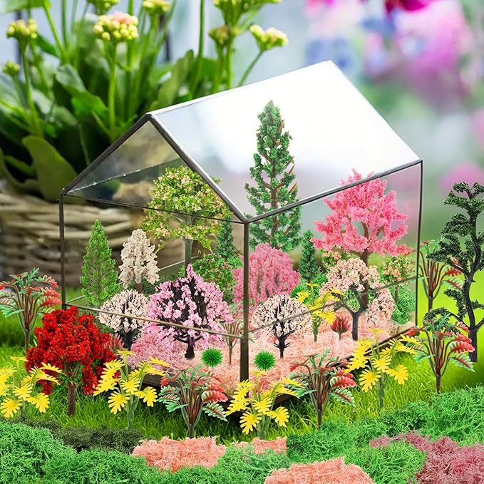 36 Pcs Mixed Model Trees with 40g Moss Pink and Green, Diorama Trees Grass Mini Fake Miniature Trees Moss for Building Model, Model Train Scenery, Natural Green Landscape, Railroad Scenery