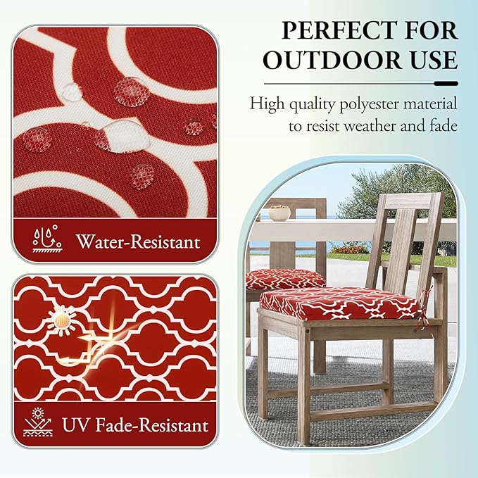 Wellsin Outdoor Chair Cushions for Patio Furniture - Patio Chair Cushions Set of 4 - Water Resistant Round Corner Outdoor Seat Cushions 17"X16"X2", Trellis Red