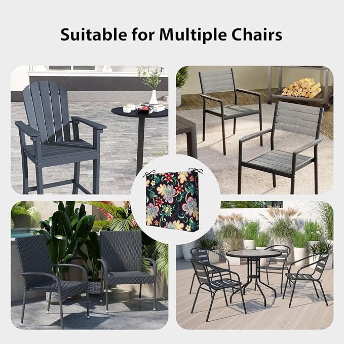 Outdoor Chair Cushions Set of 2, 18.5 x 16 Inch Patio Chair Cushions for Outdoor Furniture, Water Resistant Outdoor Patio Chair Cushions with Non-Slip Ties(Black Floral)