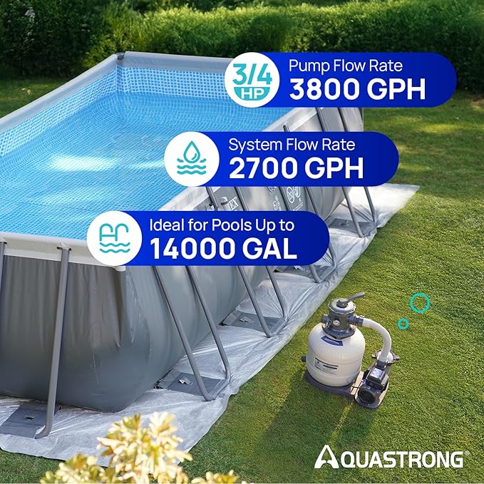 AQUASTRONG Sand Filter Pump for Above Ground Pool, Pool Pumps Above Ground,Pool Sand Filter with 6-Way Valve,Improved Circulation and Filtration, 12in, 3/4 HP 3800 GPH with Timer