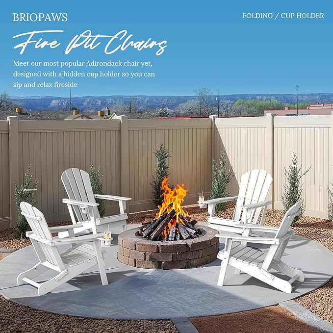 BRIOPAWS Folding-Adirondack-Chairs Set of 2 | HDPE Plastic | Fire Pit Chair | Cup Holder | Curved Back | All Weather| for Outdoor Backyard Deck Patio | White