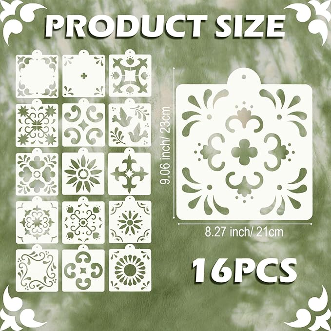 16 Pcs Reusable Scroll Tile Cookie Stencils, Royal Icing Cookie Cake Stencils, Reusable Spanish Mexican Talavera Templates for Painting on Wood Floor Wall Furniture Canvas DIY Home Decor