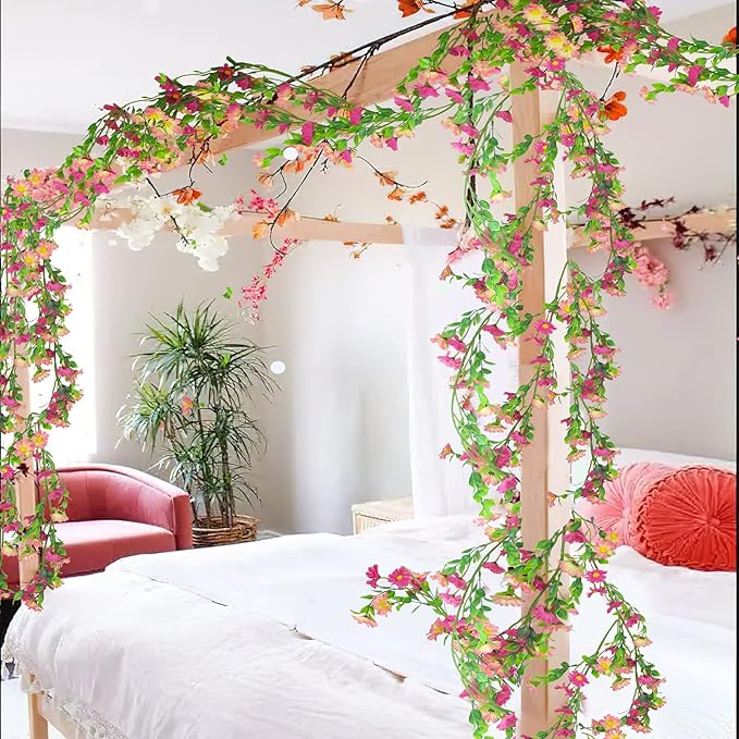 CISDUEO Artificial Daisy Flowers Vine Silk Flower Garland Spring Fake Flower Vine Hanging Ivy with Pink Daisy Flowers Green Leaves for Wall Party Wedding Arch Floral Decor Home Indoor Outdoor Ceremony