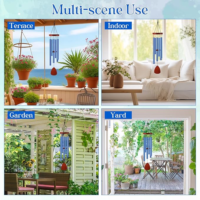 Leinuosen Wind Chimes for Outside Wind Chimes Outdoors Deep Tones 28" with 6 Aluminum Tubes Memorial Sympathy Windchime for Valentine Tree Decor Garden Courtyard Mom Loved One Gifts(Classic,Blue)