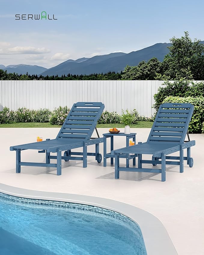 SERWALL Outdoor Chaise Lounge, Patio Chaise Lounge Chair with 5 Positions Adjustable Backrest, HDPE Lounger with Rolling Wheels & Cup Holder for Pool, Navy