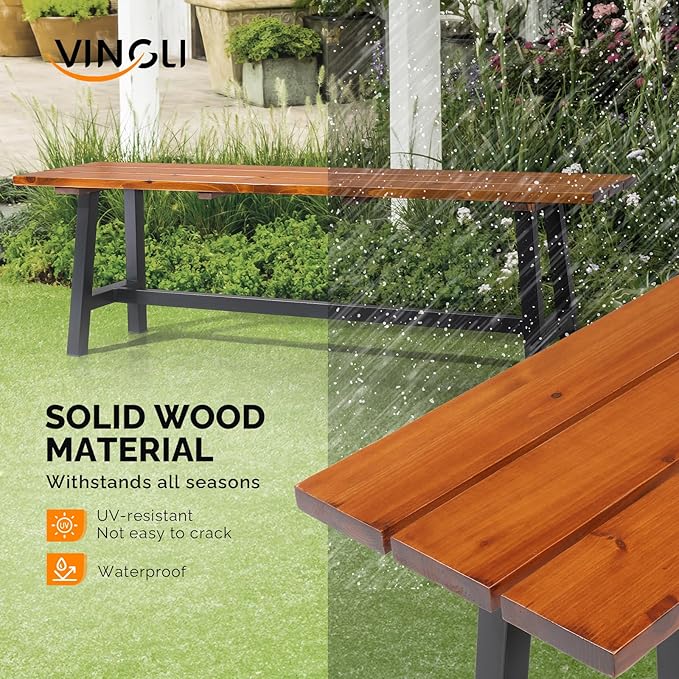 VINGLI Outdoor Wooden Bench, 45” 2-Person Backless Dining Bench, Weatherproof Outdoor Patio Bench for Porch Entryway Garden (1, Brown ＆ Black)