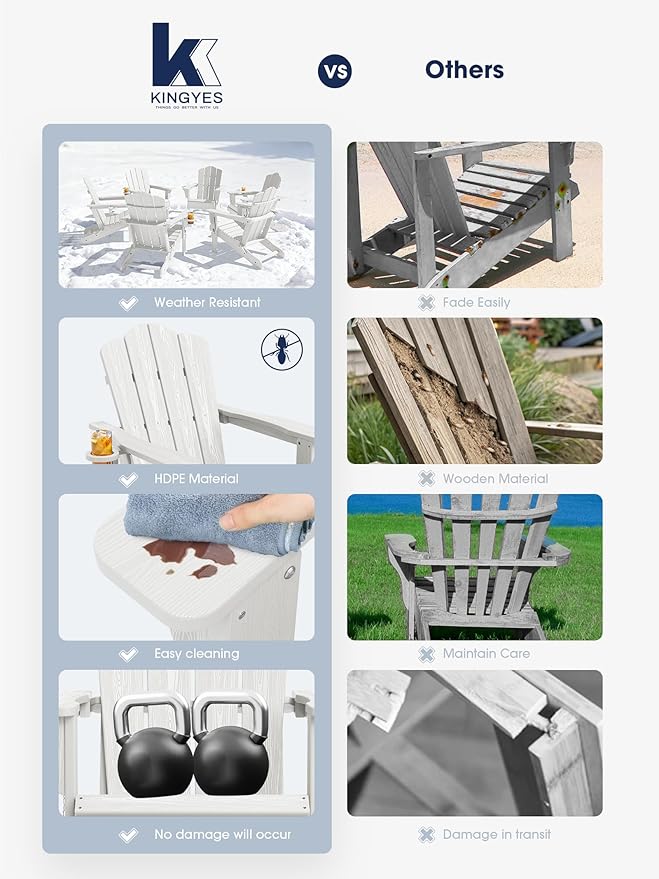 KINGYES Folding Adirondack Chair Set of 6, HDPE All-Weather Patio Chairs with Cup Holder, Wooden Textured Fire Pit Chairs for Poolside, Backyard, Deck, White