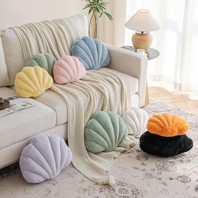 Shell Pillow, Seashell Throw Pillow with Soft Rabbit Plush for Couch Bed, Shell Shaped Decorative Ocean Pillow Stylish Beach Cushion Room Aesthetic Home Decor (Lavender Purple, 18 X 13 Inches)