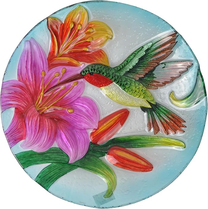 Teamson Home Handpainted Hummingbird Fusion Glass Birdbath Bowl Feeder with Metal Stand for Outdoor Patio Garden Backyard Decking, 21 Inch Height, Purple/Light Blue