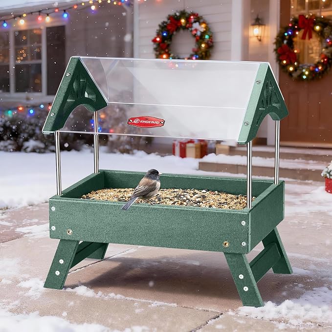 Kingsyard Ground Bird Feeder for Outdoors - Recycled Plastic Platform Feeder for Wild Birds, Rainproof Squirrel Feeders, 5 LBS Large Capacity, Green