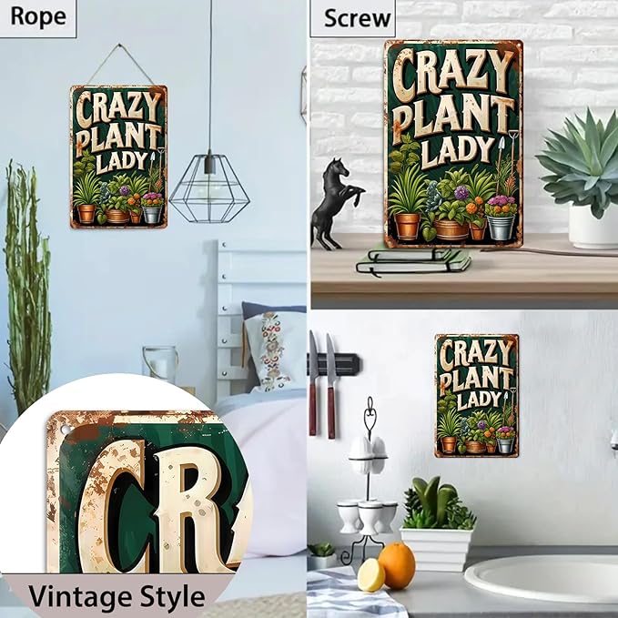 Vintage Garden Metal Sign "CRAZY PLANT LADY" Retro Gardening Tin Plate Wall Decor for Home Garden Yard Greenhouse Outdoor Decoration (8x12 Inch)