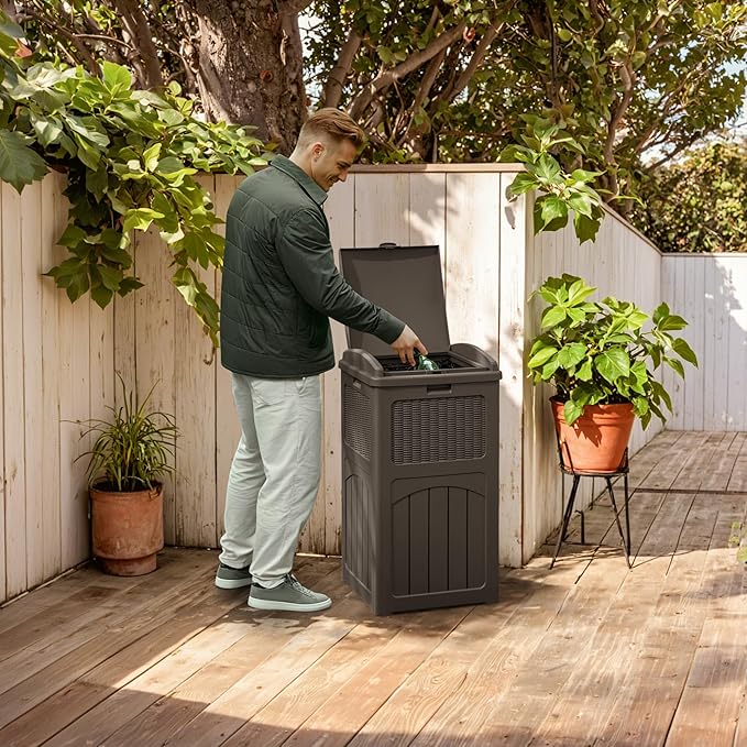 YESHOMY 2 Pack Outdoor Trash Can with Lid, Garbage Bins for Garden, Porch, Home and Kitchen, Brown