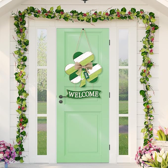 Wooden St Patricks Day Wreaths for Front Door Decoration Shamrock Door Sign with Bow Wall Signs Clover Spring Decoration, Irish Sign Welcome Hanging for Home Decor Party Outdoor Indoor Supply