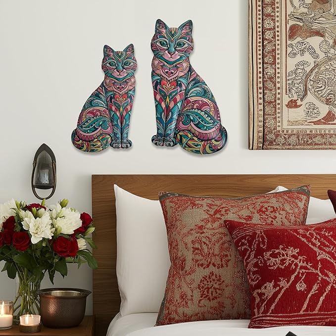 LIFFY Boho Cat Metal Wall Decor - Cute Hanging Meal Wall Art, Farmhouse Decor Meets Mid-Century Bohemian, Modern Decoration, Lovely Cat Gifts, for Women