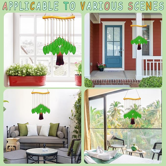 Leaf Shape Glass Wind Chimes for Outside Decoration, Green Tree Windchimes Outdoors Unique, Handcrafted Suncatcher Glass Art Wind Chimes for Women, Hanging Outdoor Christmas Decor