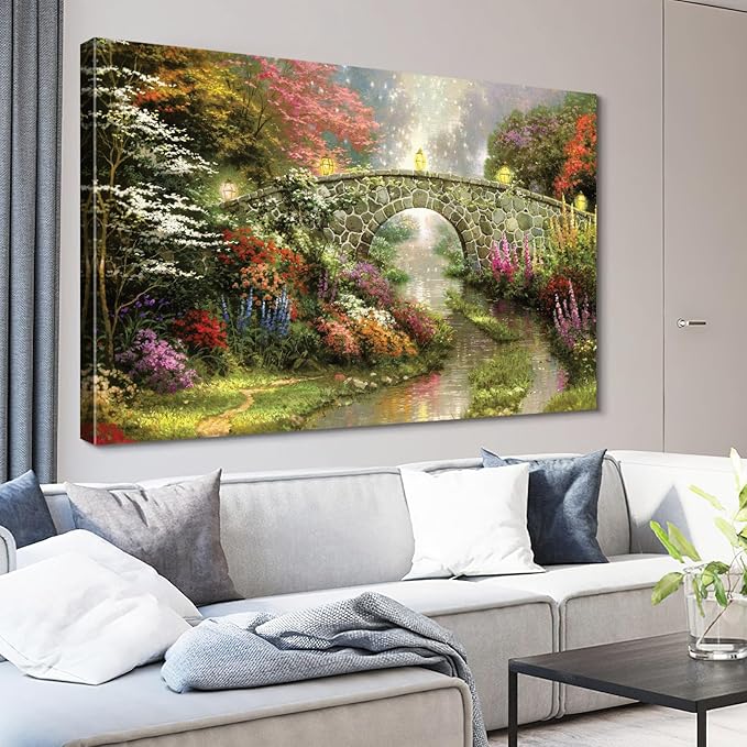 STUDIO HAVEN Thomas Kinkade Canvas Wall Art, Flower Filled Stream Stone Arch Glowing Lanterns Misty Ambiance Oil Painting Poster Rustic Landscape Wall Decor, Framed Prints for Home Decor, 36x24Inch