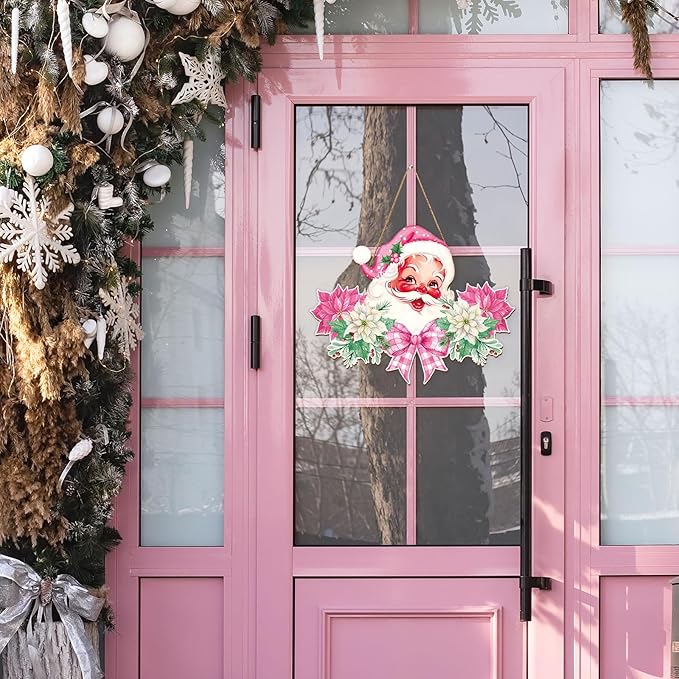 Whaline Christmas Wooden Hanging Sign Pink Xmas Santa Flower Welcome Wood Sign Vintage Santa Door Decor Signs for Indoor Outdoor Porch Wall