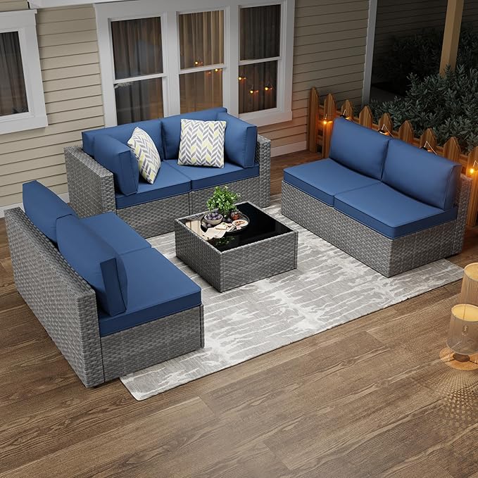 7-Piece Outdoor Patio Furniture Set, Modular PE Rattan Sectional Sofa with Thick Cushions & Glass Coffee Table, Weather-Resistant Wicker Conversation Set for Poolside, Balcony, Garden, Aegean Blue