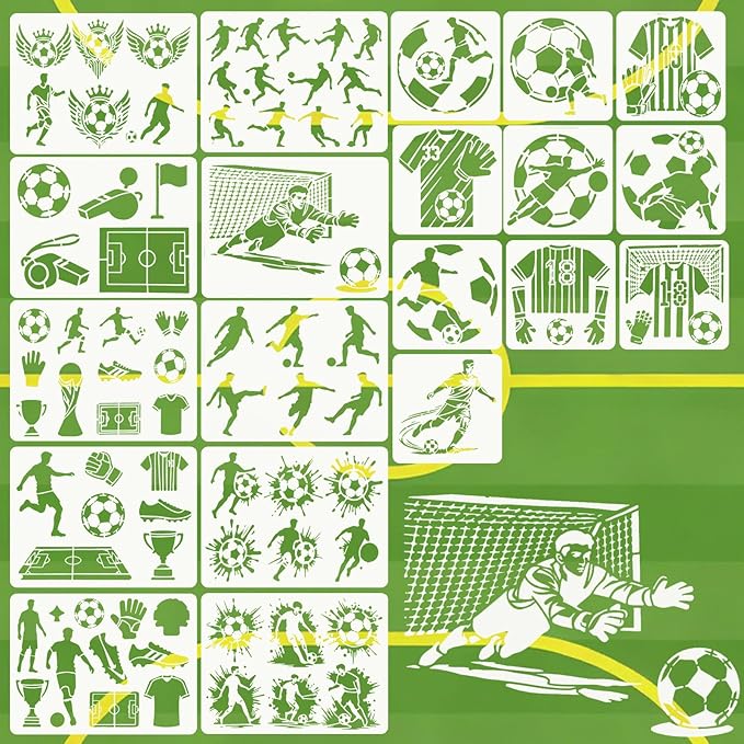 20 Pcs Sports Stencils, Reusable Soccer Stencils for Painting, Football Action Walls Template for Painting on Wood Floor Wall Rock Garden Furniture Canvas DIY Home Decor