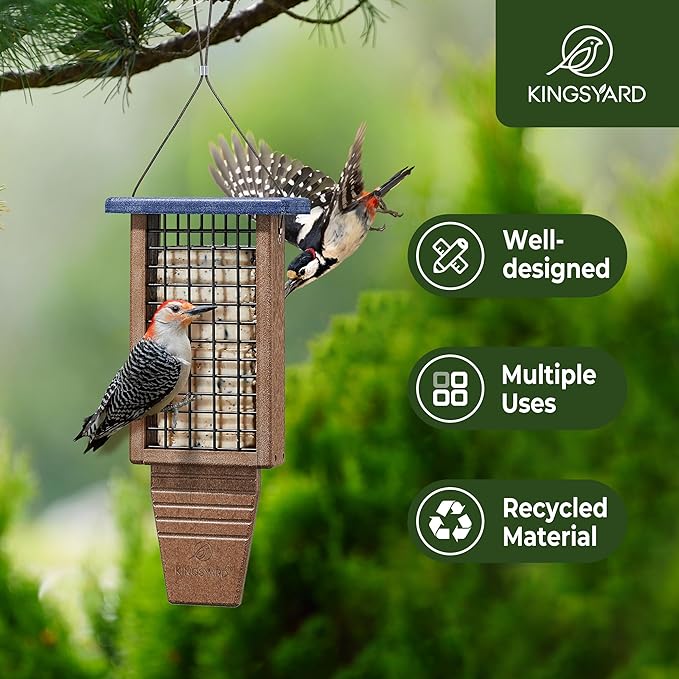 Kingsyard Recycled Plastic Suet Bird Feeder, Double Capacity Tail-Prop Suet Feeder for Outside Hanging, Sturdy & Durable, Great for Woodpecker & Clinging Birds, Blue