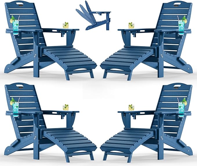 Ciokea Folding Adirondack Chair Set of 4 with Retractable Ottoman Fire Pit Patio Chair with Pull Out Foot Rest Weather Resistant Lawn Outdoor Chair with 2 Cup Holder (Navy Blue)